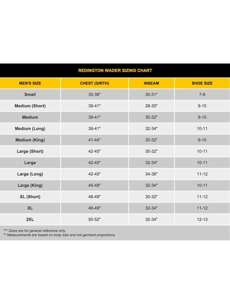 Redington Sonic Pro Waders Size Chart