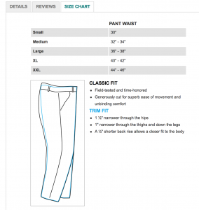 Orvis Men's PRO Underwader Pants Size Chart